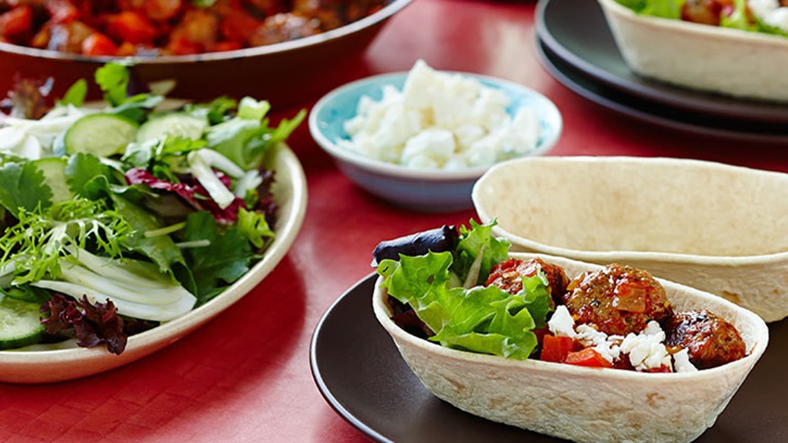 Stand ’n Stuff™ Soft Tacos with Pork Meatballs and Cucumber & Fennel Salad Recipe